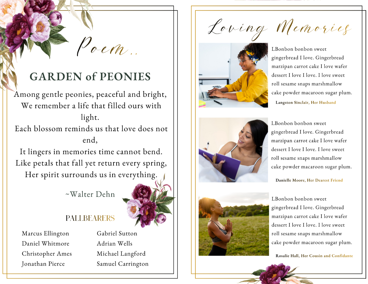 Poem and Loving Memories pages featuring the poem “Garden of Peonies” alongside tribute messages and portrait photography within soft floral borders.