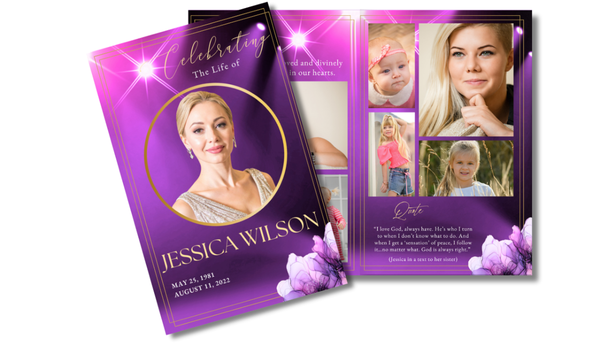 Front cover and interior layout displaying rich garnet purple background with radiant spotlight beams, elegant gold borders, circular portrait frame, and structured memorial pages.