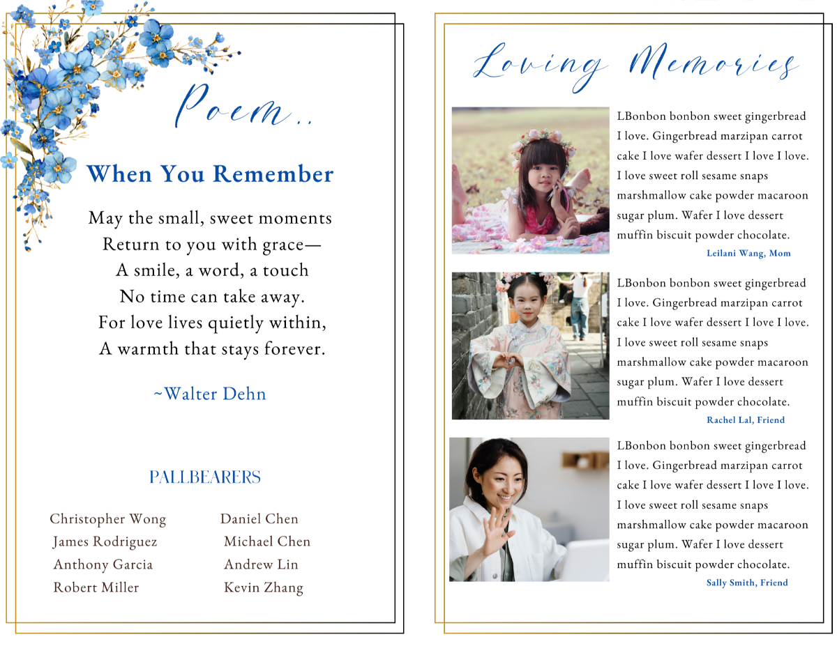 Poem and Pallbearers page on the left with centered verse layout; Loving Memories page on the right with multiple photo placements and tribute text areas framed by blue florals.