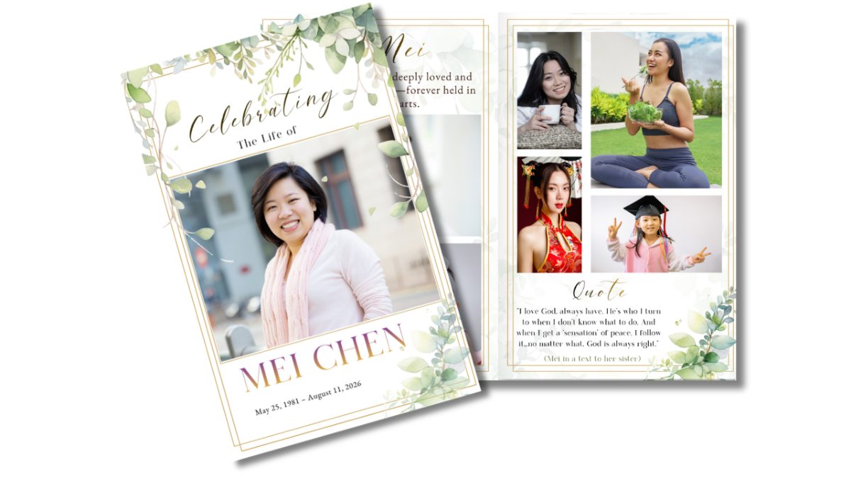 Front cover paired with interior layouts featuring soft eucalyptus greenery, gold line borders, and a clean, airy design across obituary, poem, and tribute pages.