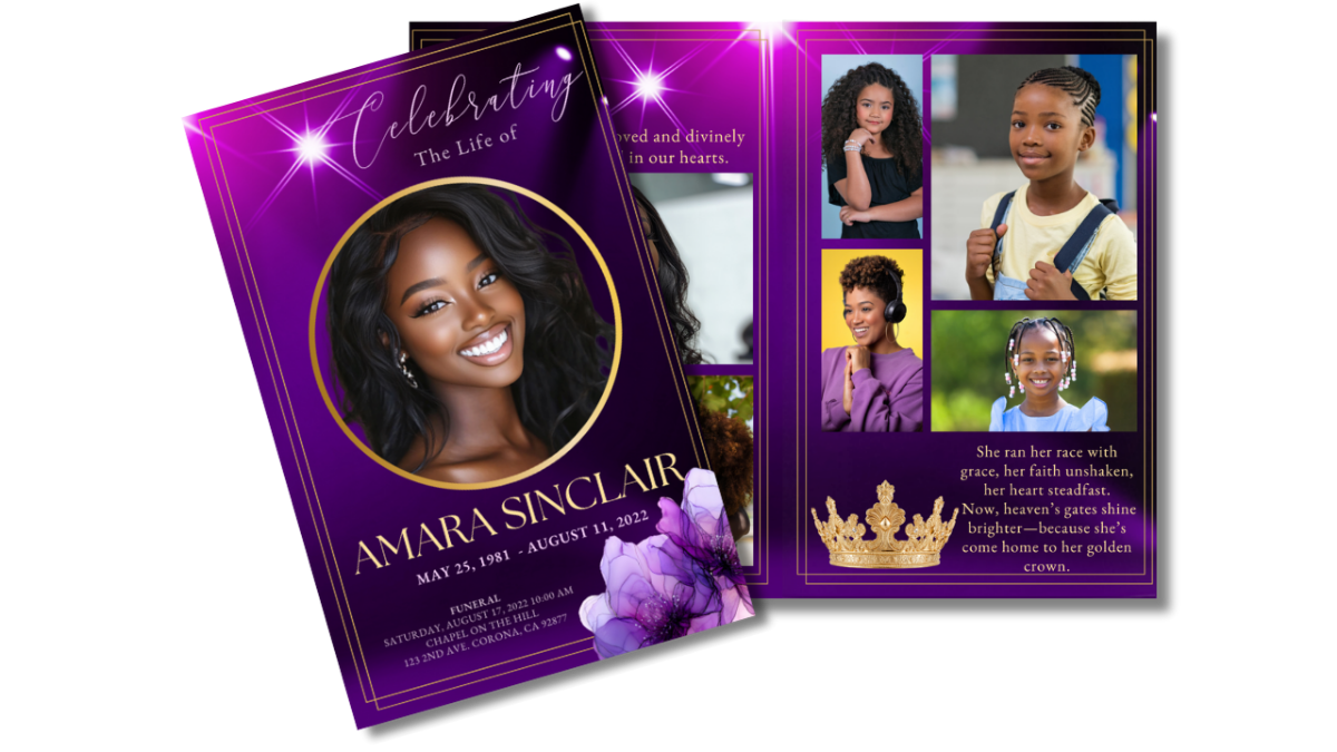 Front cover and open interior pages of the Royal Amethyst funeral program showing the regal purple with gold framing.