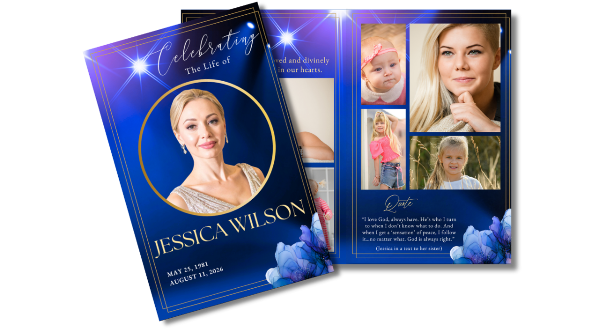 Front cover and interior layout displaying deep sapphire blue background with radiant spotlight beams, elegant gold borders, circular portrait frame, and structured memorial pages.
