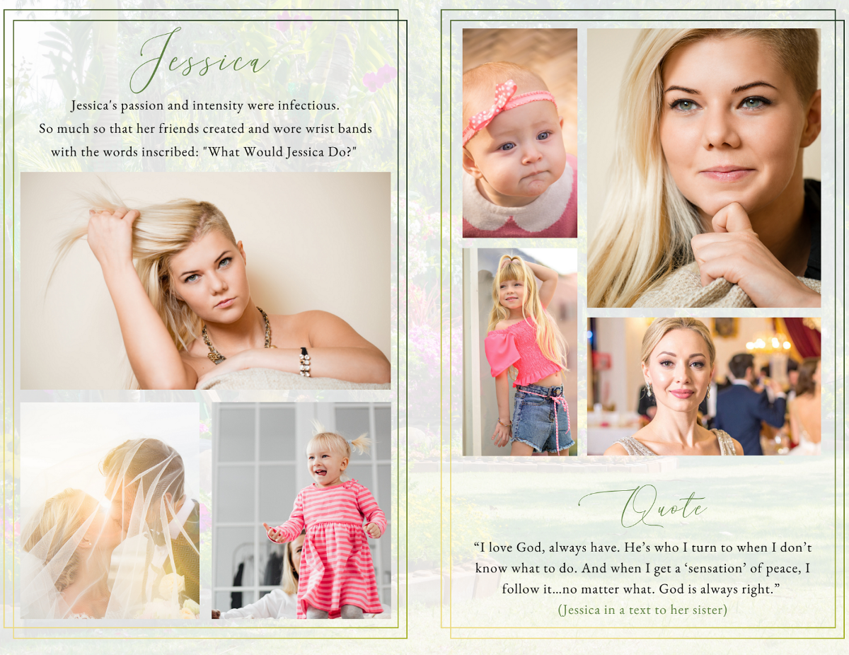 A thoughtfully arranged photo collage page highlighting meaningful moments from her life—family, milestones, and everyday joys—presented in a light, elegant layout that visually tells her story with warmth and grace.