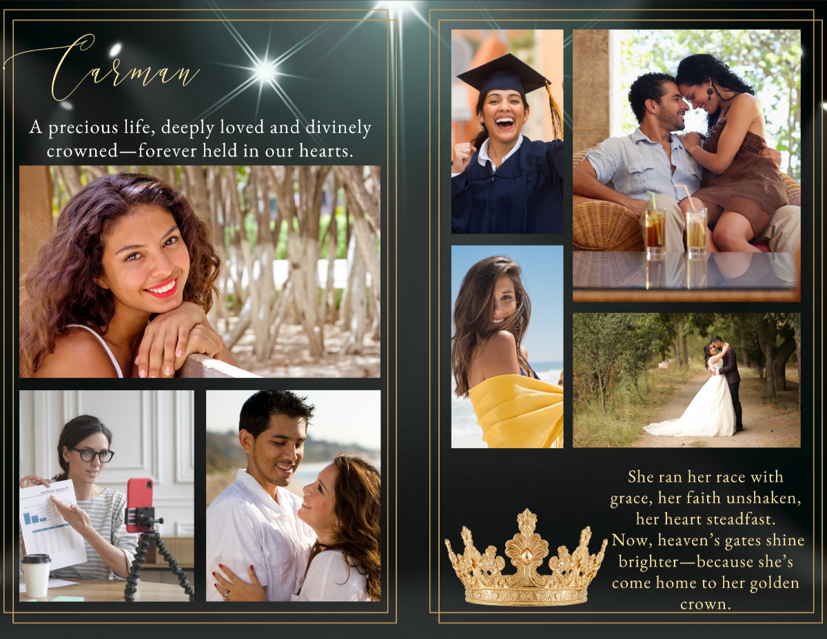 Photo collage layout displaying meaningful life moments arranged in clean frames with a bold black and gold aesthetic.