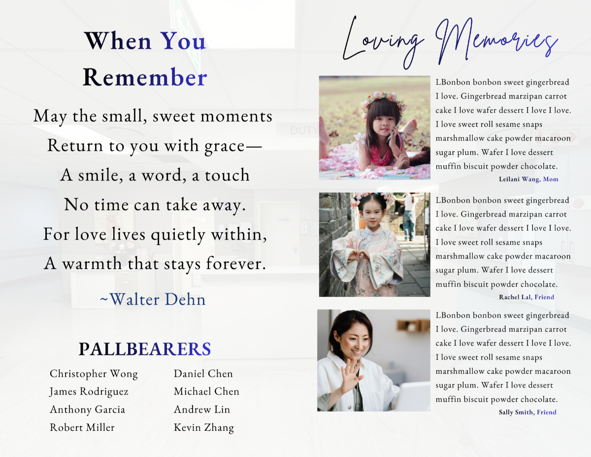 Interior pages featuring a heartfelt poem and pallbearers section, designed with gentle structure and a calm, respectful tone.