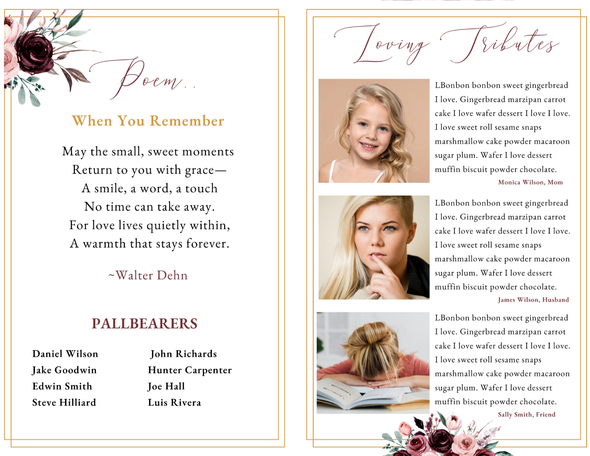 Red Rose Memorial Program Template – poem, loving tributes, and pallbearers page with elegant floral border and soft burgundy rose accents