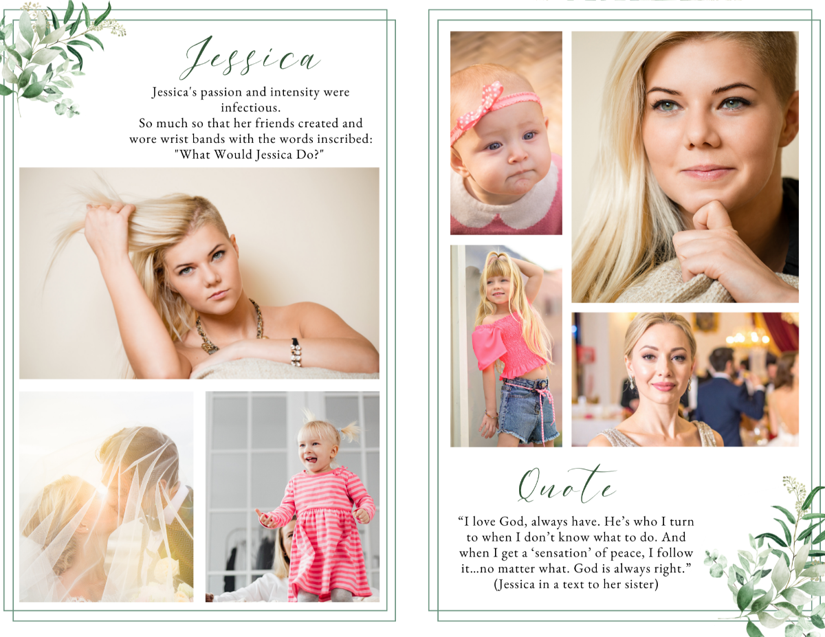 Photo collage page with soft watercolor eucalyptus leaf background — suitable for men, women, or children.