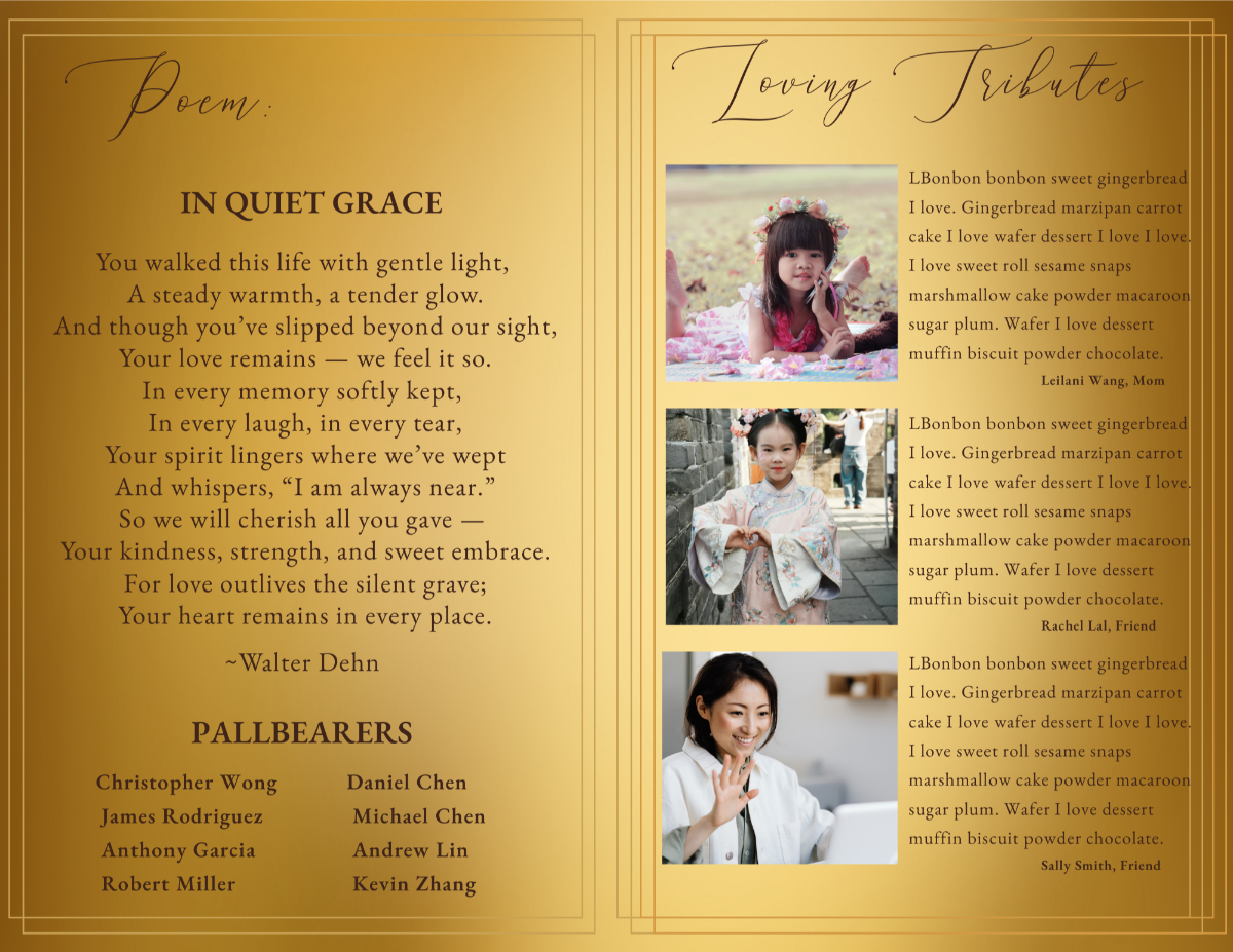 A gold two-page design showing a titled poem on the left and three tribute messages with accompanying photographs on the right, all framed with soft gradients and refined borders.
