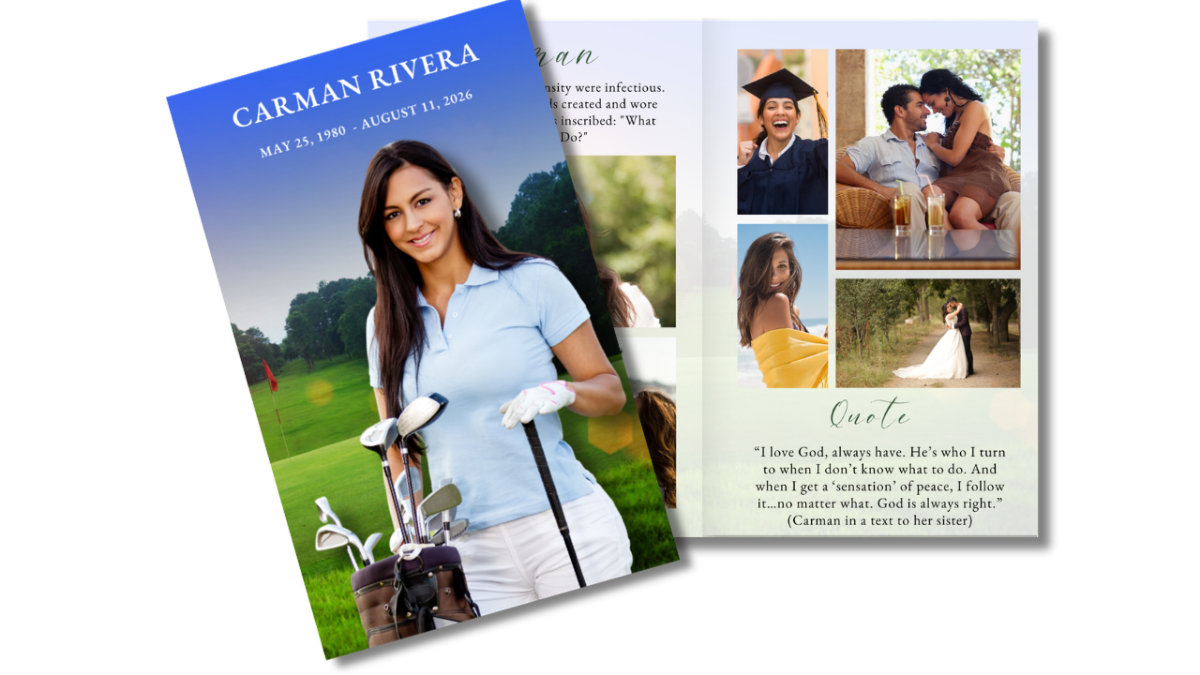 Women’s funeral program front cover with golf course scene alongside open interior pages showing structured photo collage layouts.