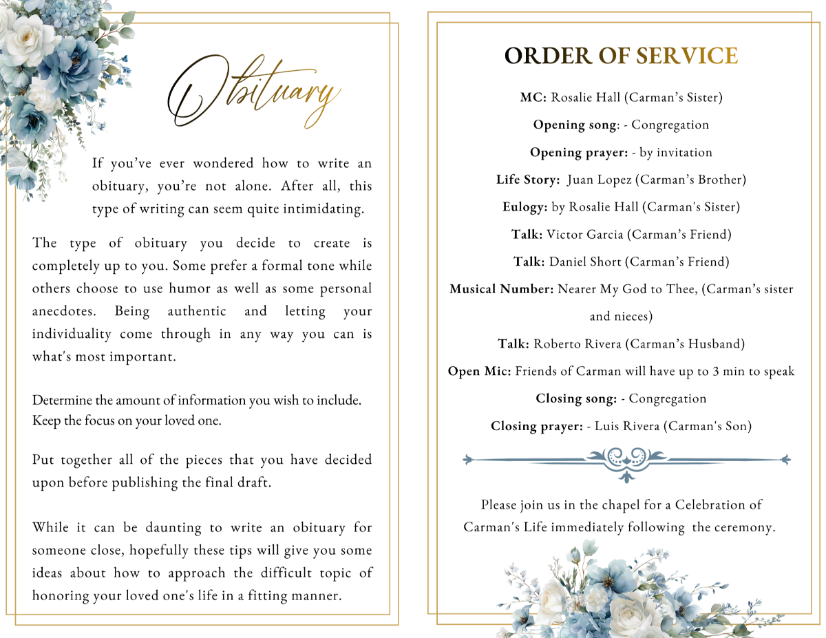Obitiuary and Order of Service with blue florals at the top and bottom.