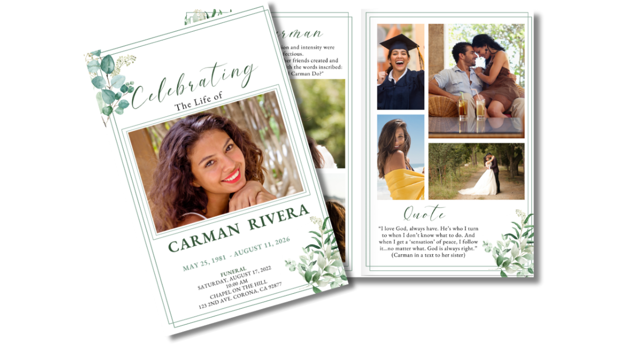 Front cover and interior page spread in soft eucalyptus green featuring floral corners, framed portrait, and a gentle memorial poem.