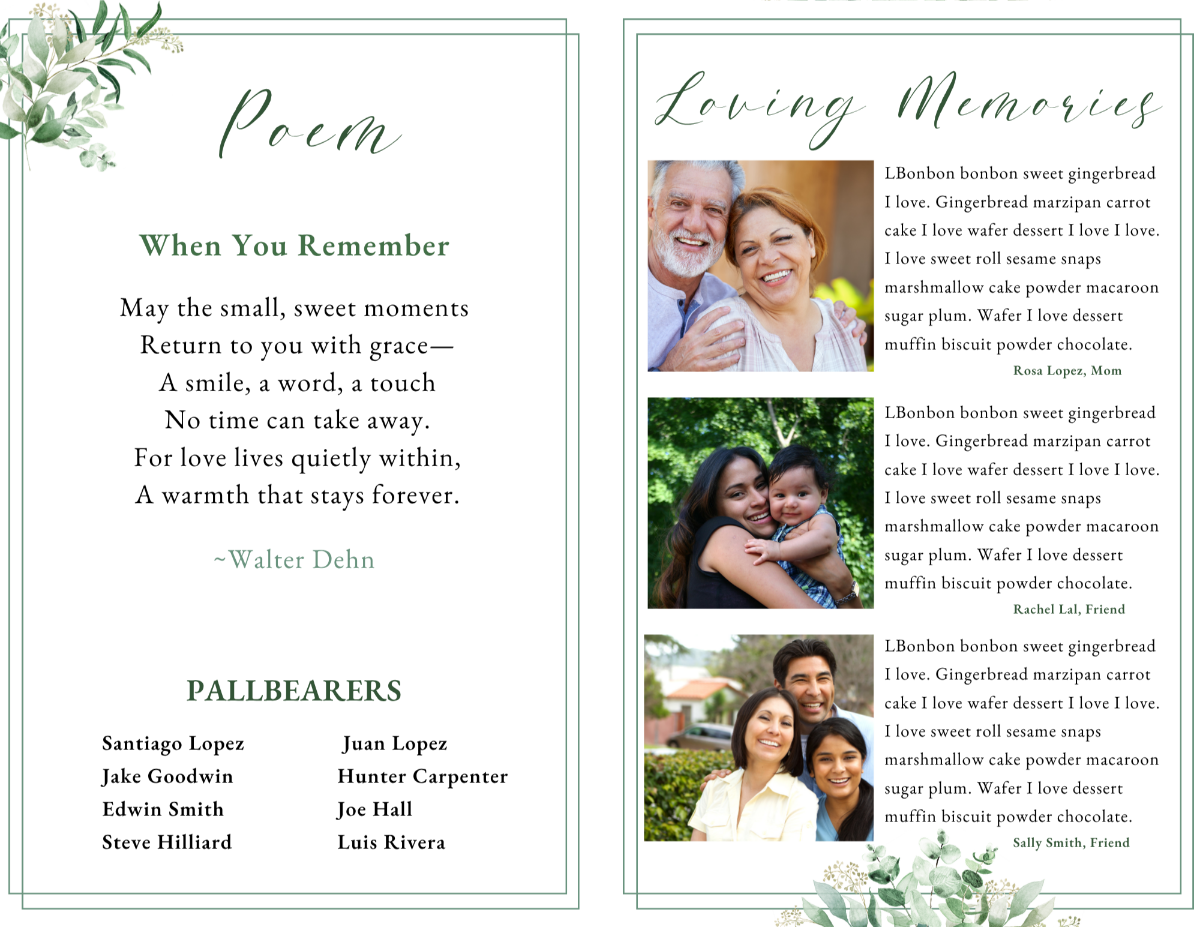 Poem and loving-tributes page with watercolor eucalyptus accents, a memorial poem on the left, and three family tribute sections with portraits on the right.