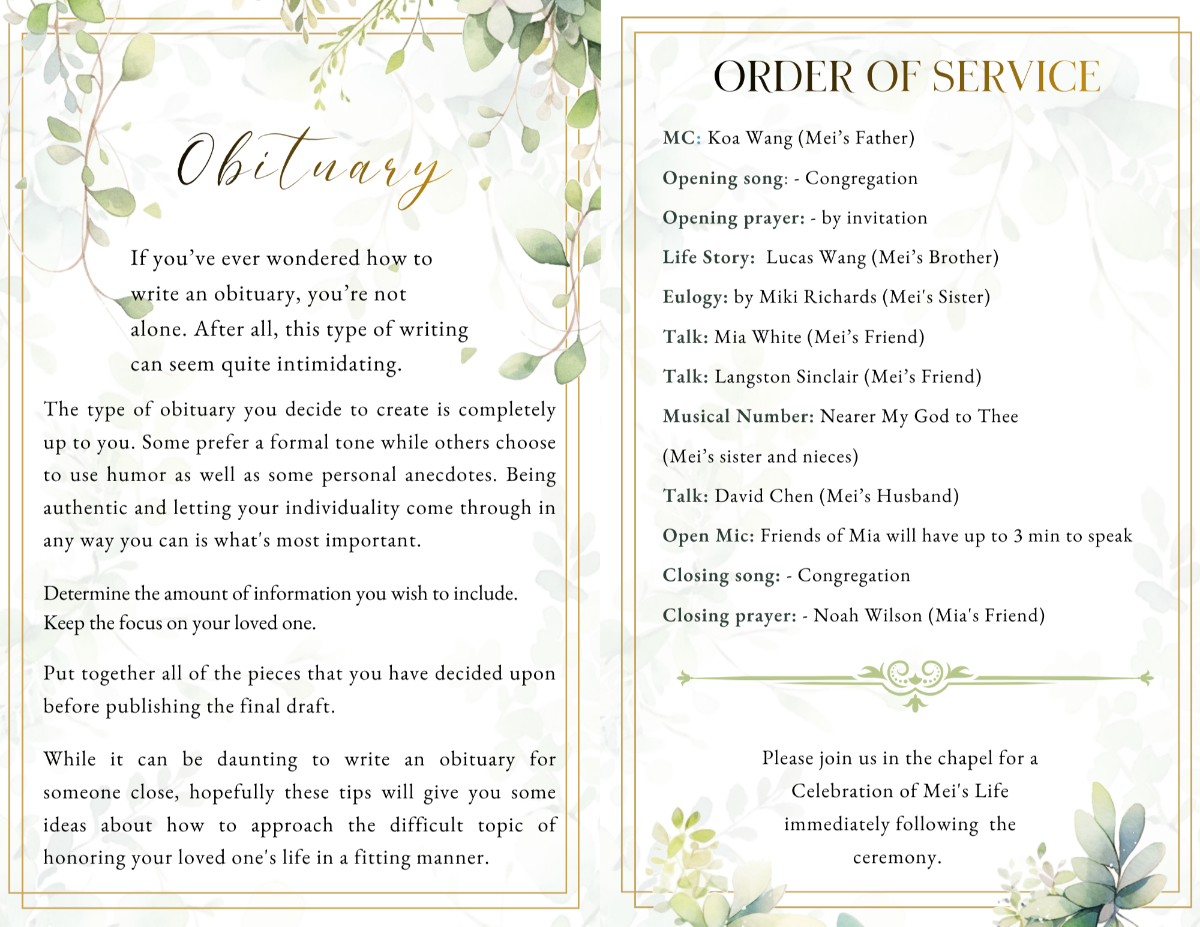 Obituary and order of service pages with structured text sections, elegant script headings, and light botanical accents creating a calm and refined presentation.