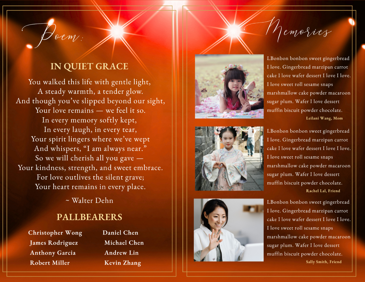 Poem and memorial pages featuring rich amber tones, soft glowing highlights, portrait placements, and elegant typography for heartfelt reflections.