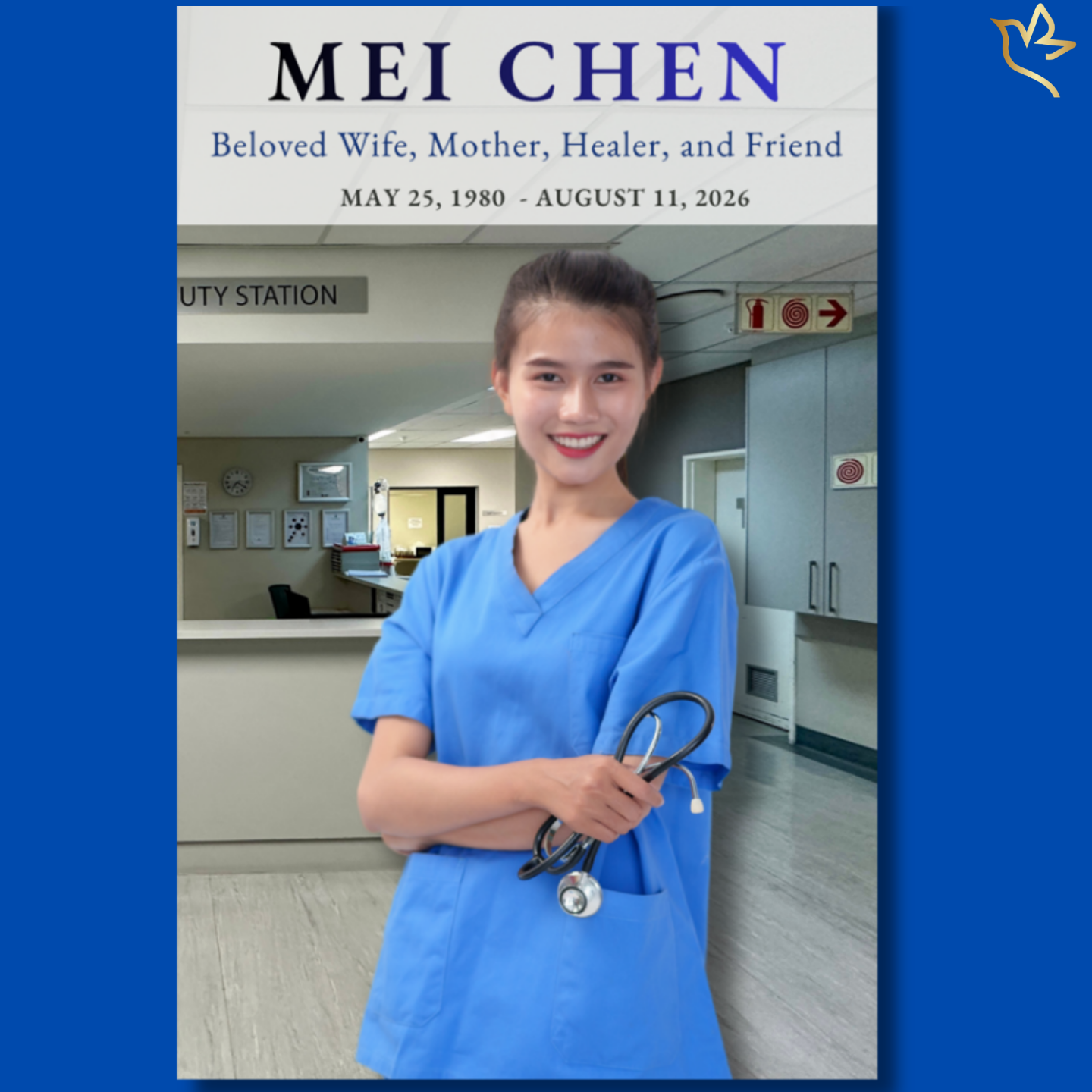 A smiling woman in medical scrubs holding a stethoscope, standing in a softly lit hospital setting, surrounded by calm blue tones and an elegant, modern layout that reflects compassion, strength, and care.