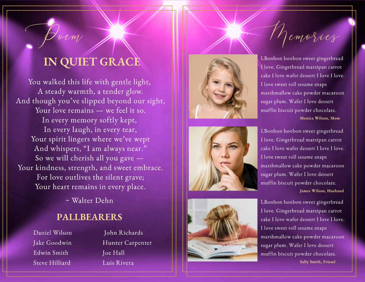 Poem and memorial pages featuring deep garnet tones, soft glowing highlights, portrait placements, and elegant typography for heartfelt reflections.