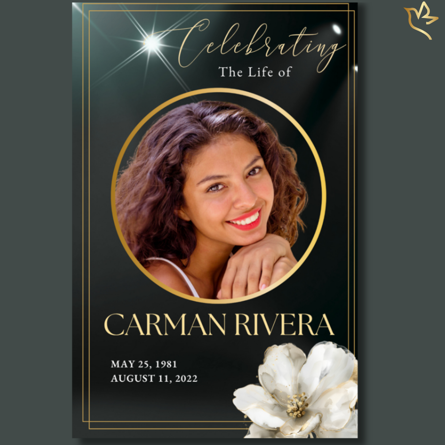 Royal Onyx funeral program cover featuring a deep black background with glowing spotlight effects, gold circular photo frame, elegant gold typography, and white floral accents for a luxurious memorial design.