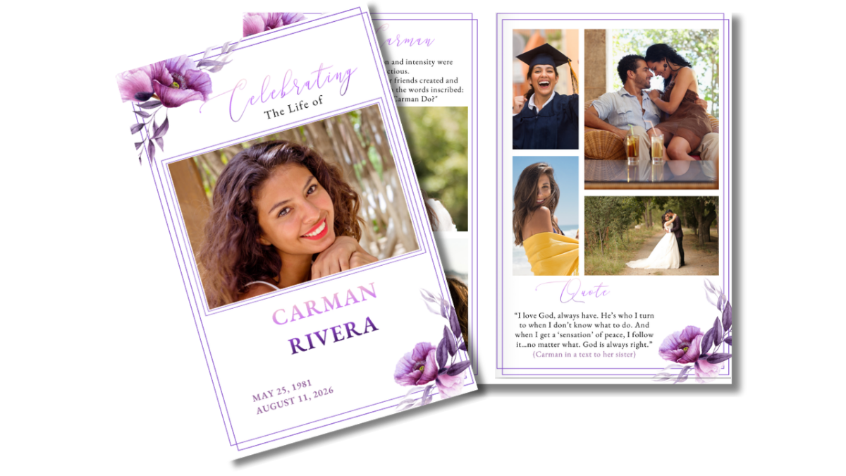 Front cover paired with interior layouts featuring spread with gentle violet floral corners, memorial poem, and framed portrait of the loved one.