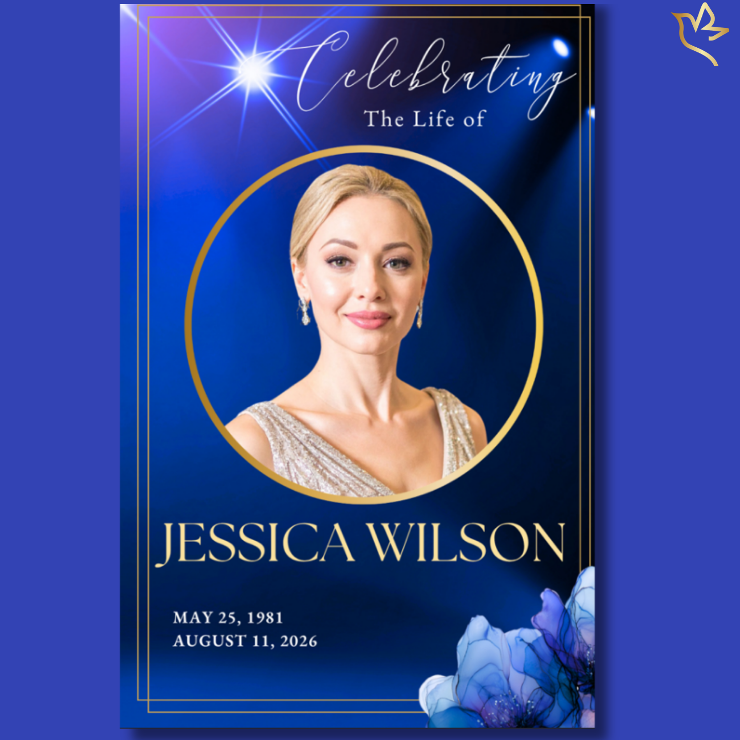 Royal Sapphire funeral program cover featuring a deep sapphire blue background with radiant spotlight beams, gold circular portrait frame, elegant gold typography, and soft blue floral accents for a refined memorial design.