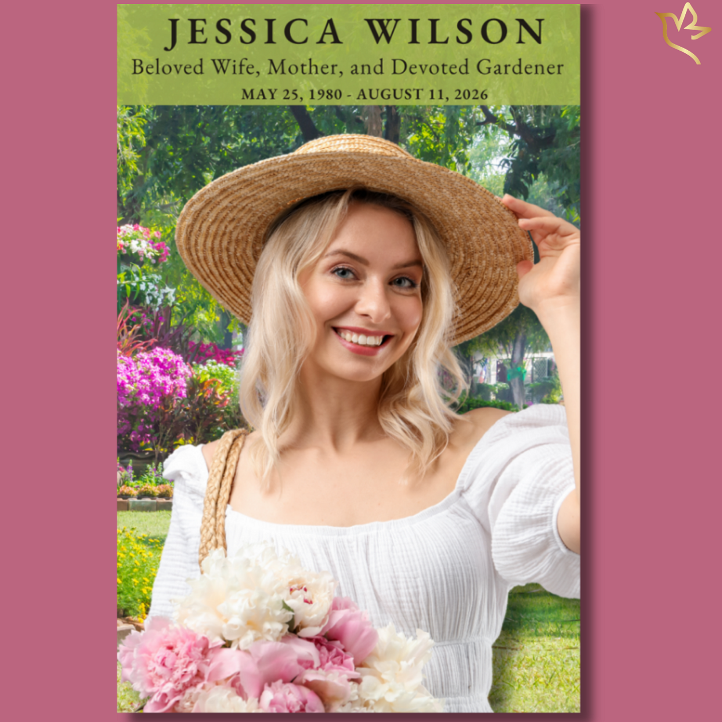 Elegant floral garden funeral program template featuring a smiling woman in a sunlit garden wearing a straw hat, with soft greenery and blooming flowers in the background.