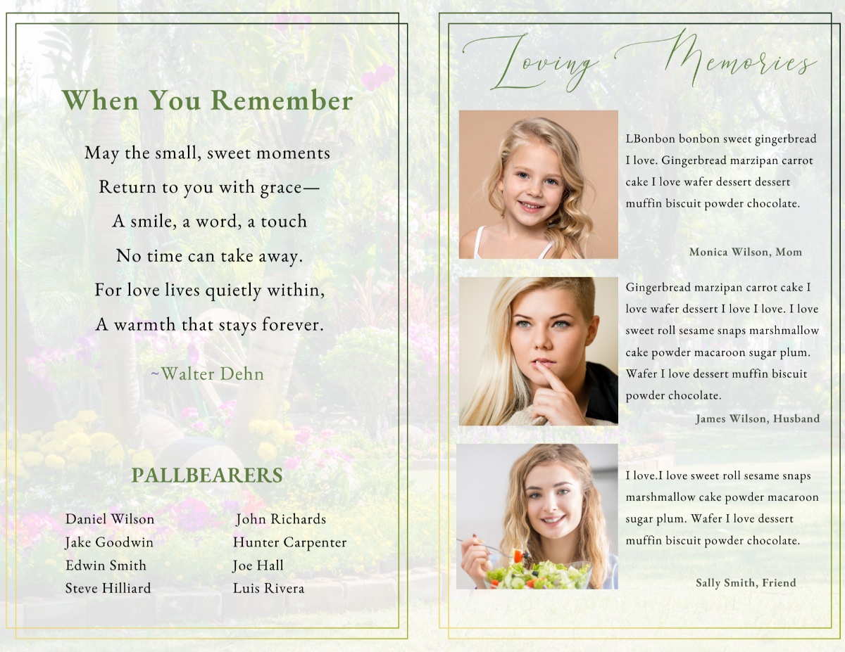 A soft, heartfelt spread combining a touching poem with space for personal tributes and loving memories, beautifully paired with photos to honor her spirit and the moments that meant the most.
