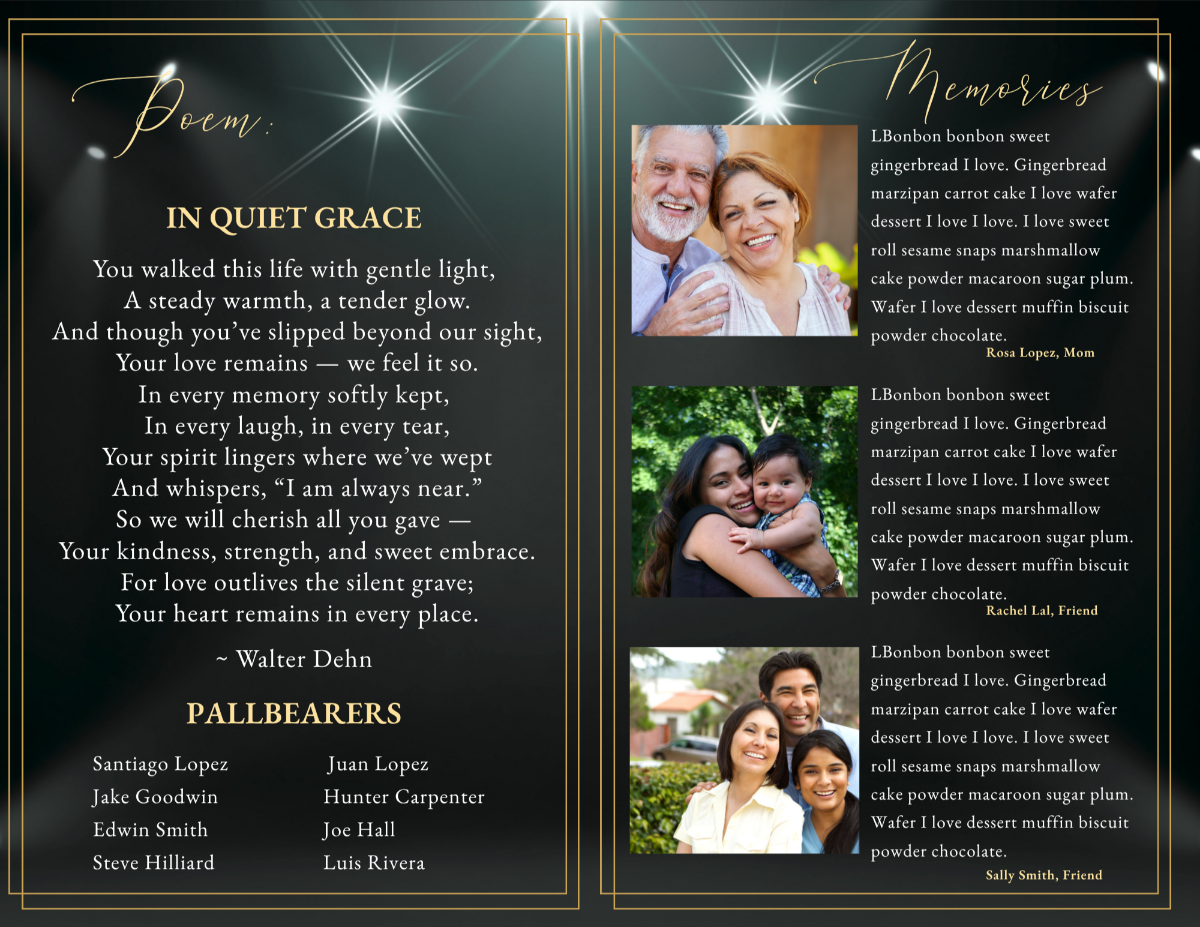 Poem and memories pages with rich black backdrop, glowing highlights, portrait images, and refined gold typography.