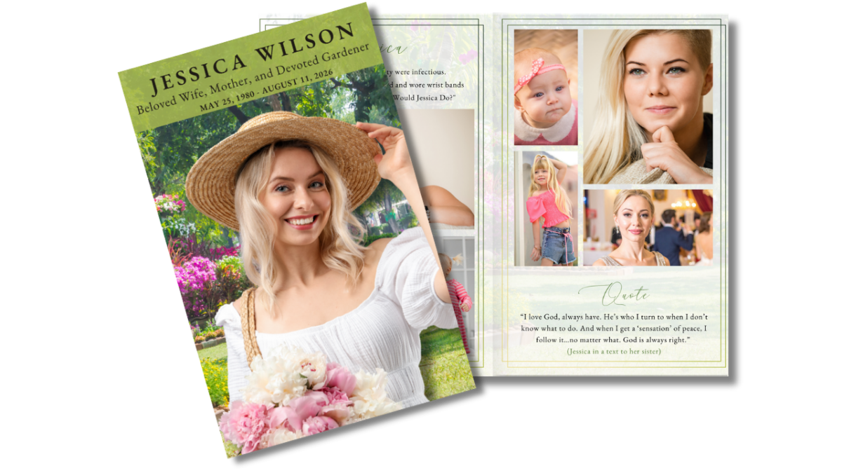 A beautiful front cover featuring a radiant portrait framed by soft floral garden scenery, alongside open interior pages creating a peaceful and uplifting tribute.