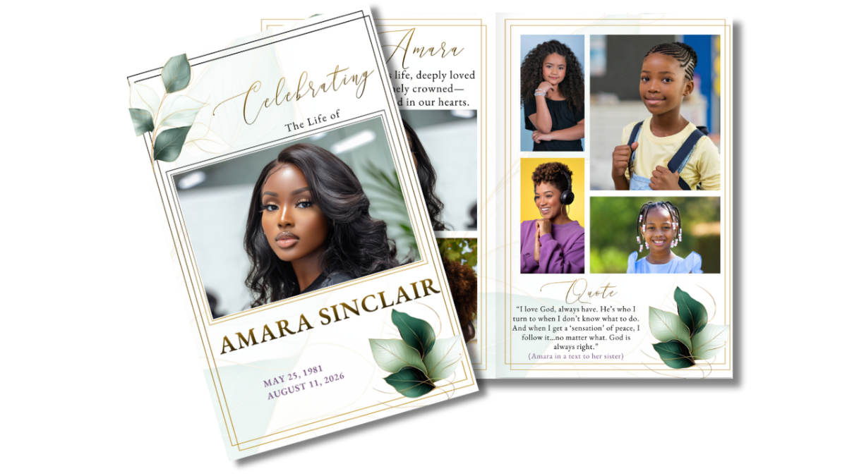 Full program layout showing cover and interior pages with soft eucalyptus greenery, gold borders, and clean structured sections for obituary and tributes.
