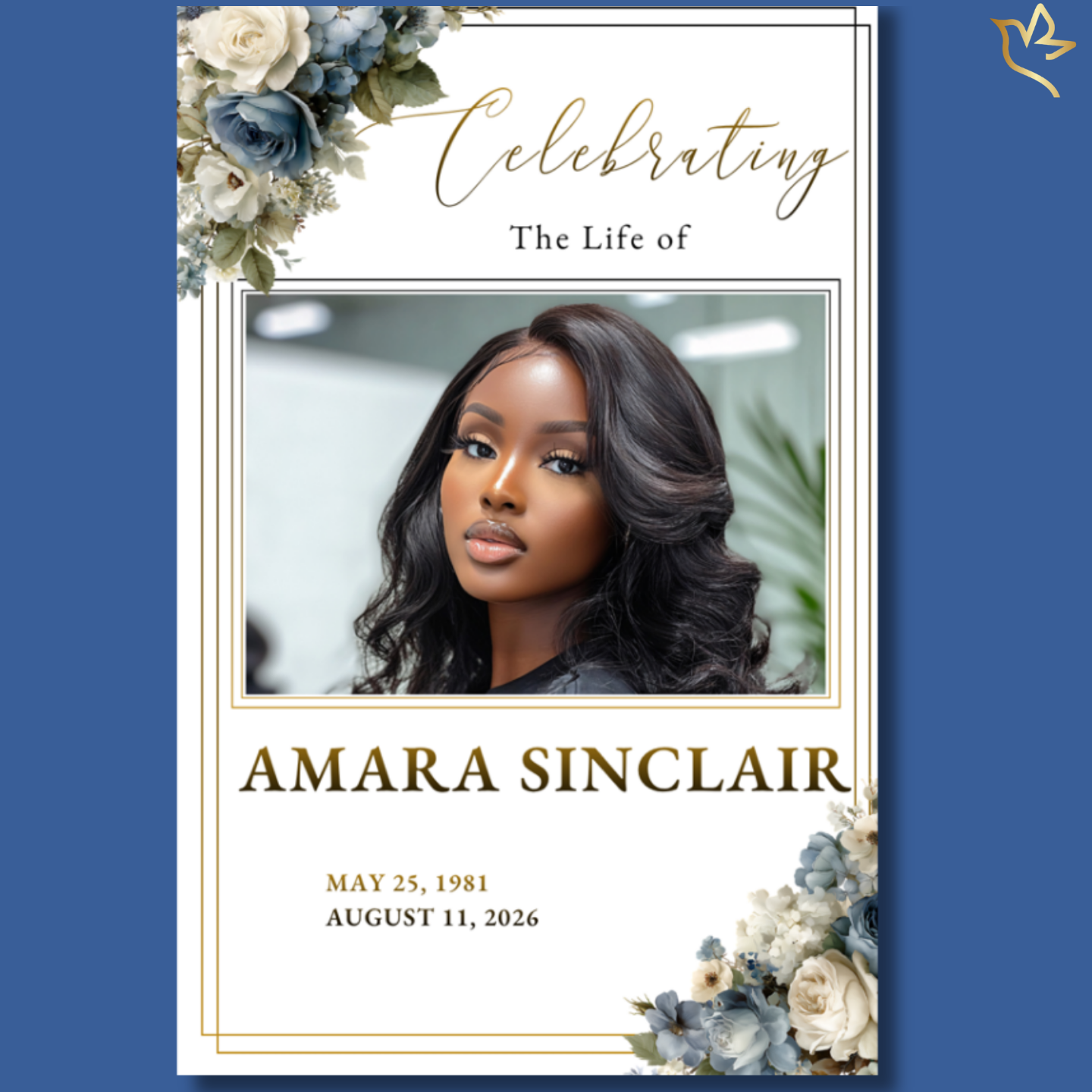 Faith and Grace funeral program cover featuring soft blue and ivory rose florals with elegant gold accents, framing a centered portrait with refined script typography on a clean, light background.