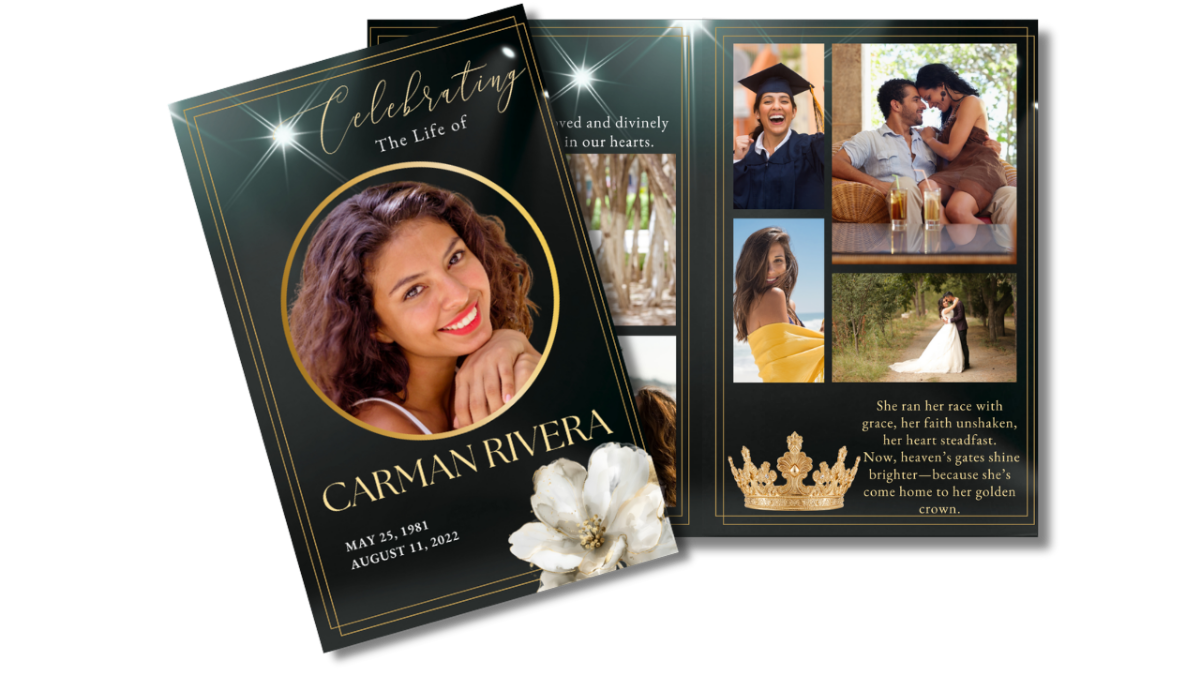 Full program layout showing front cover and interior pages with dramatic black background, gold borders, spotlight lighting effects, and elegant structured pages for obituary and tributes.