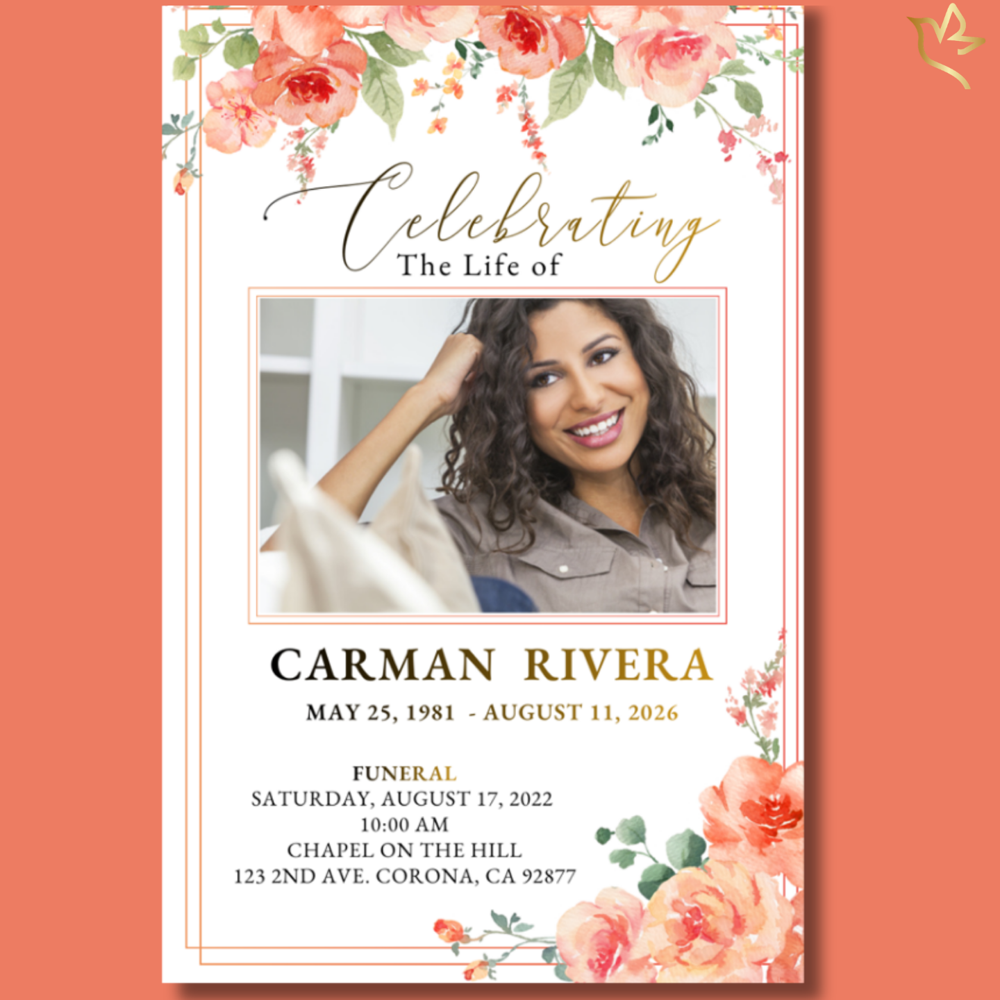Soft peach memorial cover with elegant floral accents, framed portrait, gold-line borders, and a warm, dignified layout honoring a beloved woman’s life.