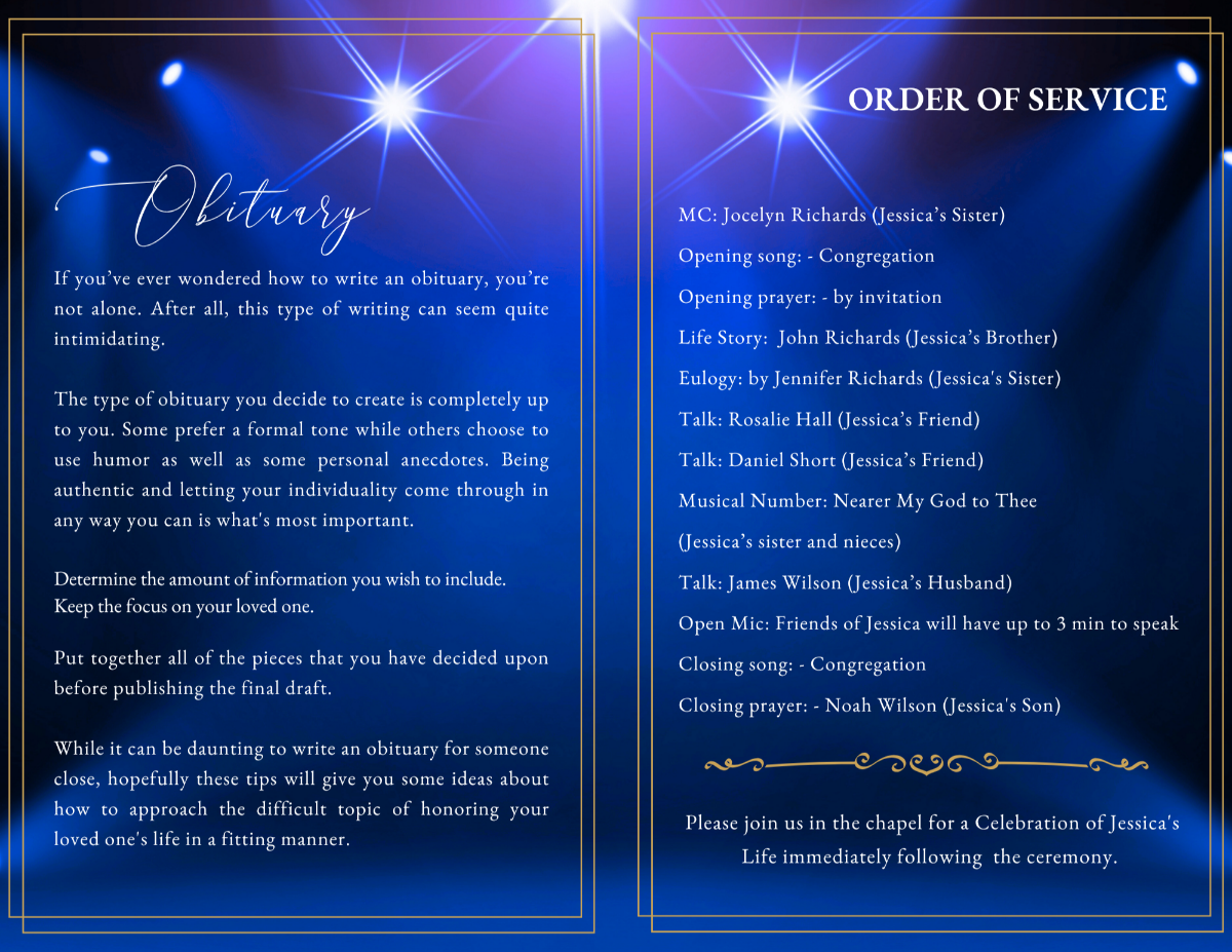 Obituary and order of service pages with clear, structured layouts framed by soft glowing blue lighting effects and refined gold accents for readability and elegance.