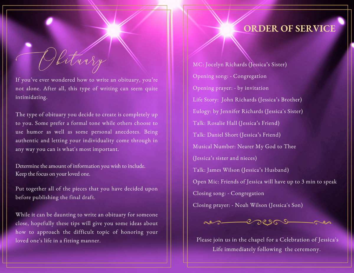 Obituary and order of service pages with clear, structured layouts framed by glowing garnet lighting effects and refined gold accents for readability and elegance.