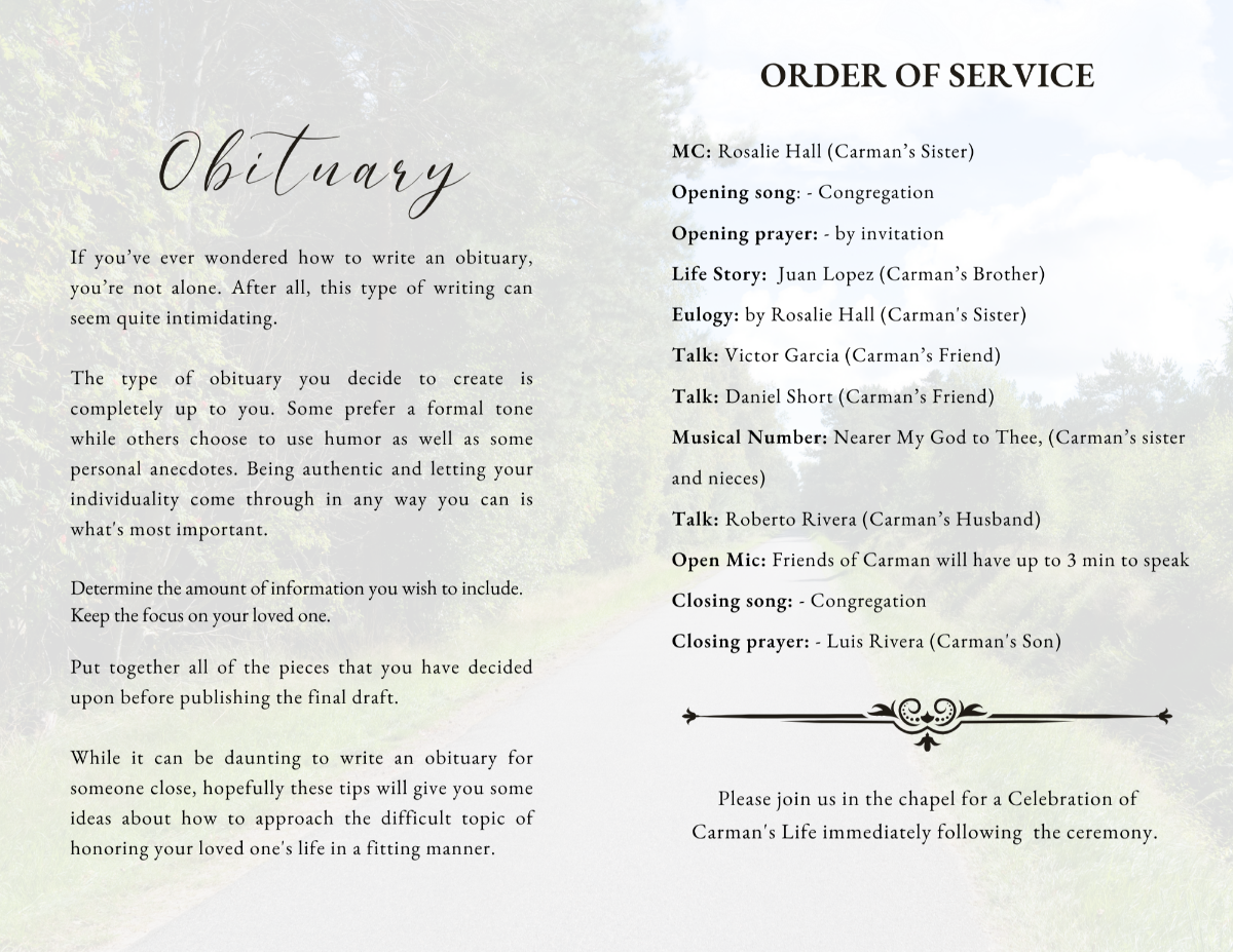 Two-page spread with obituary text and order of service, styled with gentle background textures and elegant, easy-to-read formatting.