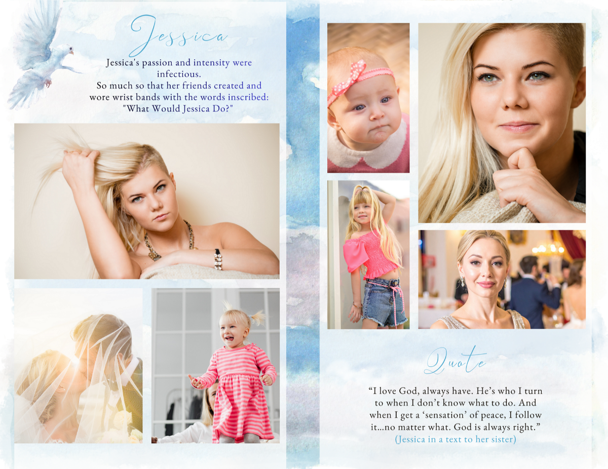 Multi-image memorial collage featuring family photos arranged over soft blue watercolor textures for a warm, personal tribute.