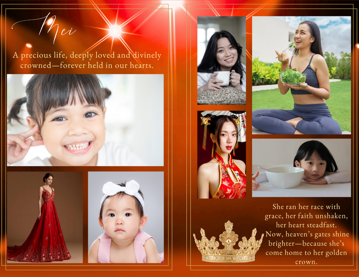 Photo collage layout showcasing meaningful life moments arranged in a warm topaz setting with soft lighting overlays and refined gold framing details.