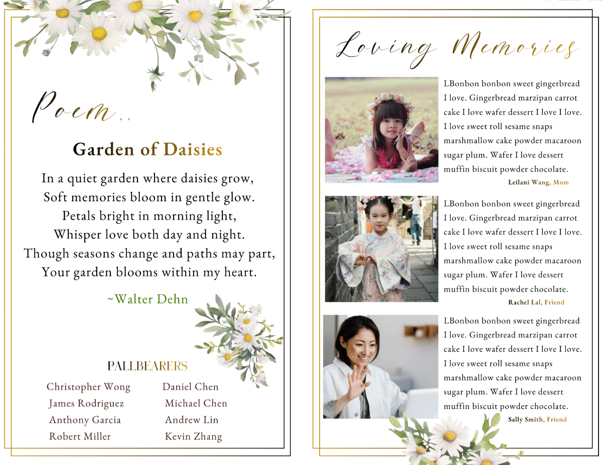 Poem and Loving Memories pages featuring the poem “Garden of Daisies” alongside tribute messages and portrait photography within delicate floral borders.