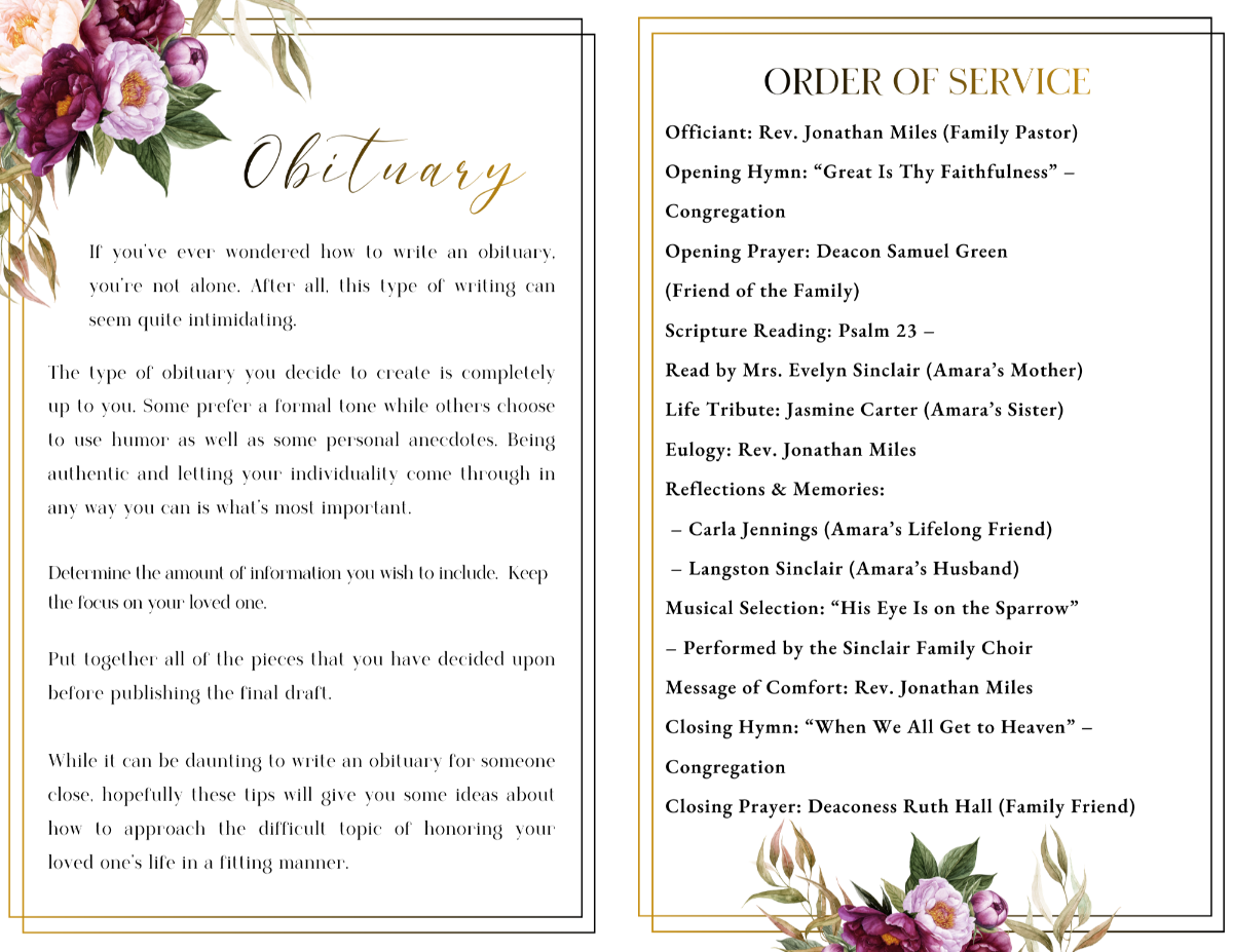 Obituary and Order of Service pages featuring structured sections, elegant script headings, and burgundy peony floral accents framing the memorial text.