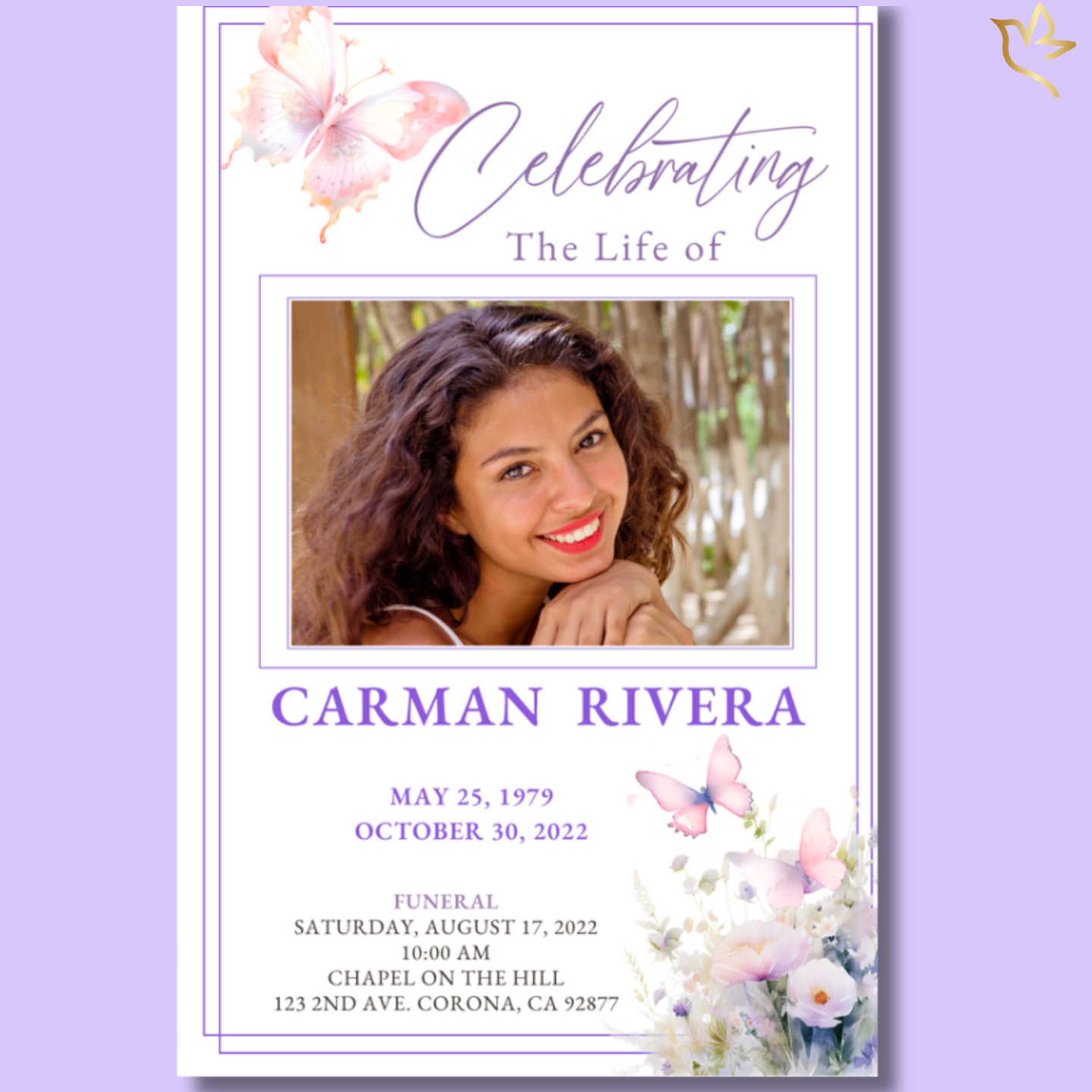 Funeral cover with soft purple florals, framed portrait, gentle serif lettering, and a peaceful layout created to honor a beautiful life with grace and tenderness.