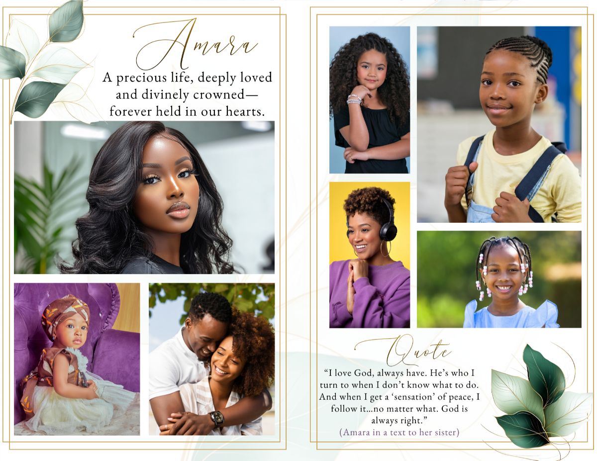 Photo collage layout displaying meaningful life moments arranged in clean frames with soft greenery accents and a calming neutral background.