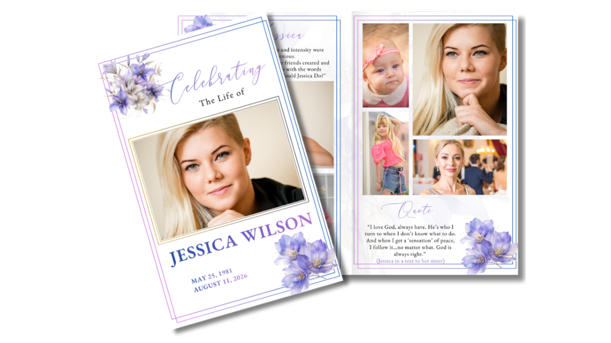 Program spread showing front cover and interior photo collage pages with violet floral accents.