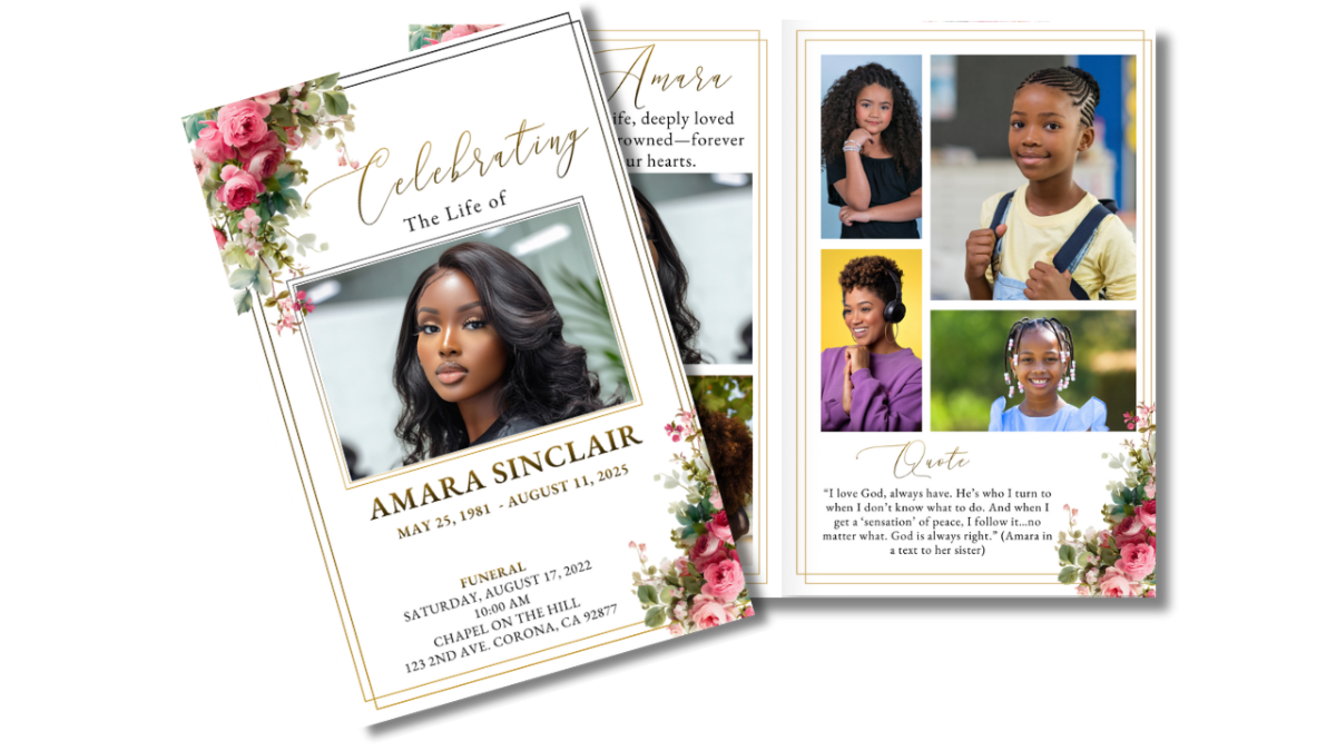 Elegant women’s funeral program template with burgundy and blush roses. Front cover features a smiling woman framed by floral accents and “Celebrating the Life of” text; back cover includes a thank-you message, gratitude note, and memorial poem — a refined Canva template honoring a life of beauty and love.