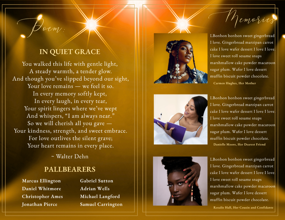 Poem and memories pages with rich black backdrop, glowing highlights, portrait images, and refined gold typography.
