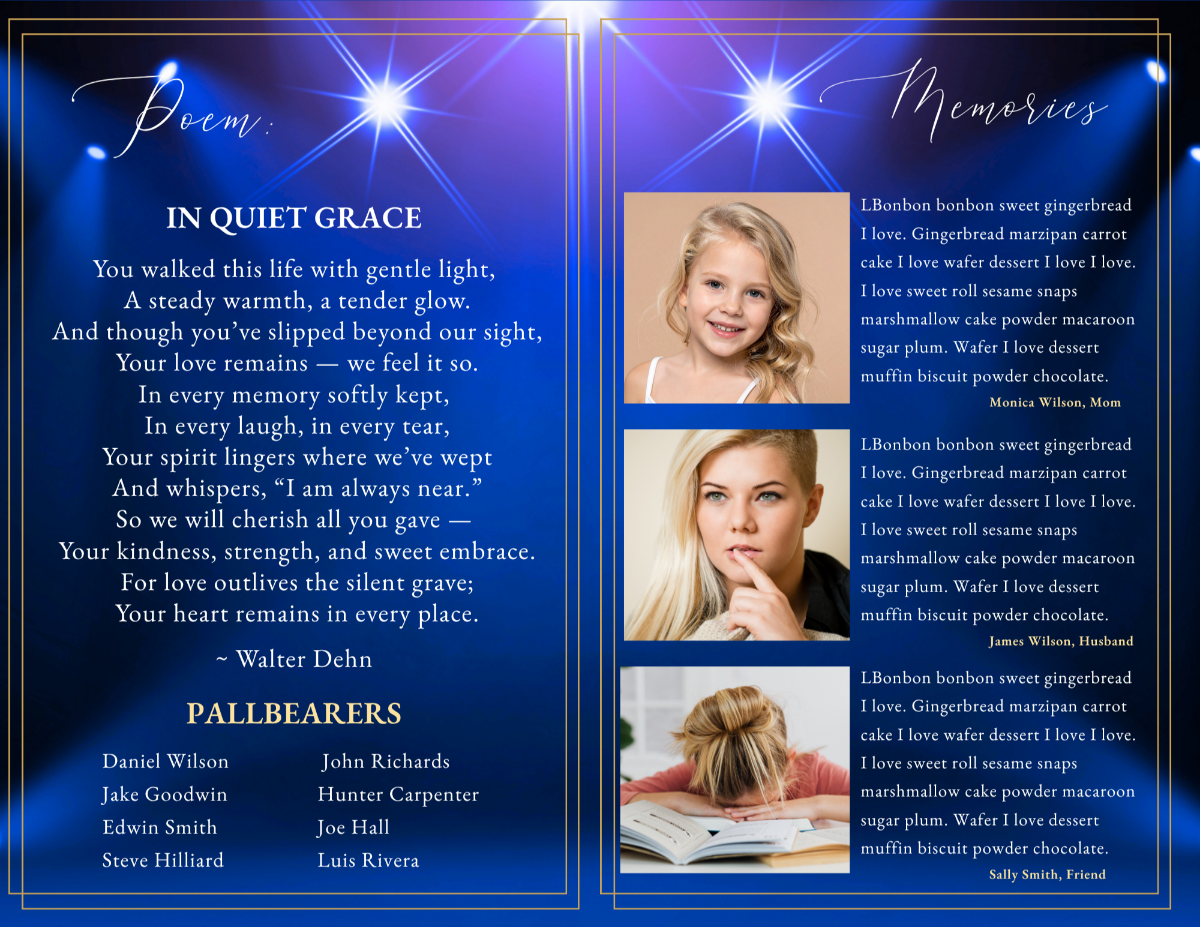 Poem and memorial pages featuring rich sapphire tones, soft light effects, portrait placements, and elegant typography for heartfelt reflections.