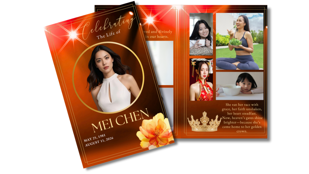 Front cover and interior layout displaying warm amber-orange background with radiant light flares, elegant gold borders, circular portrait frame, and structured memorial pages.