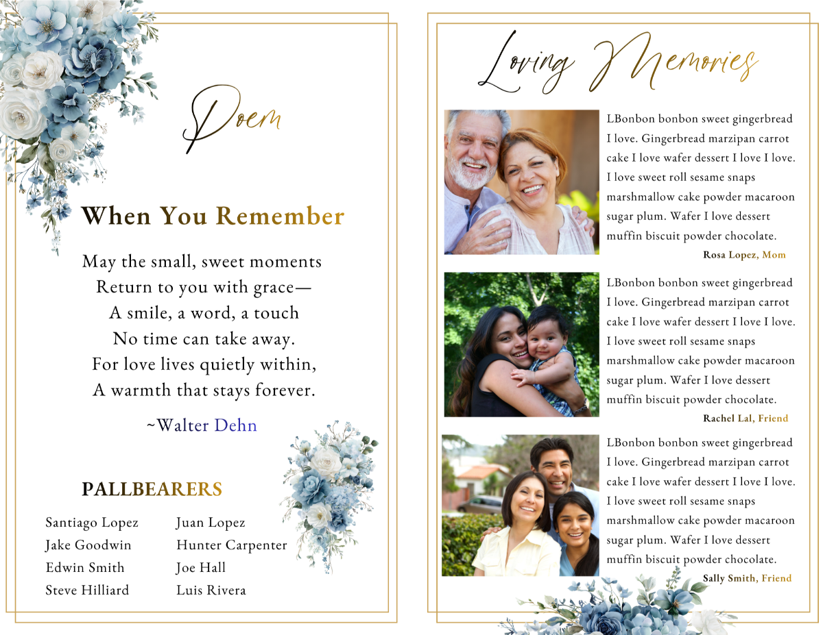 Poem and Loving Memories pages with blue florals at the top and bottom, paired with a Loving Tributes page showing three portrait photos and scripted headings.