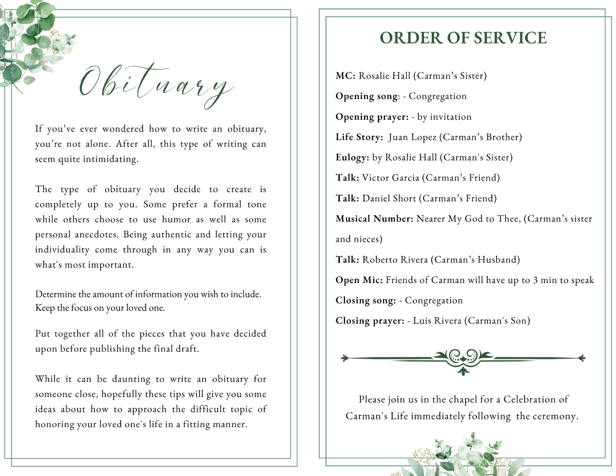 Obituary and order-of-service spread decorated with soft eucalyptus branches and clean framed borders for a peaceful, easy-to-read layout.