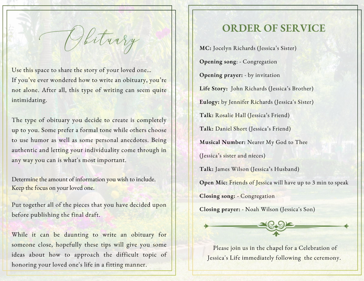 A graceful two-page layout featuring a dedicated space for the obituary alongside a clear, well-organized order of service, allowing family and guests to follow the ceremony while reflecting on her life story.