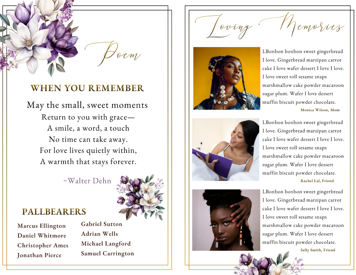 Poem and loving memories pages with balanced layouts, portrait images, and dedicated space for heartfelt tributes surrounded by violet floral details.