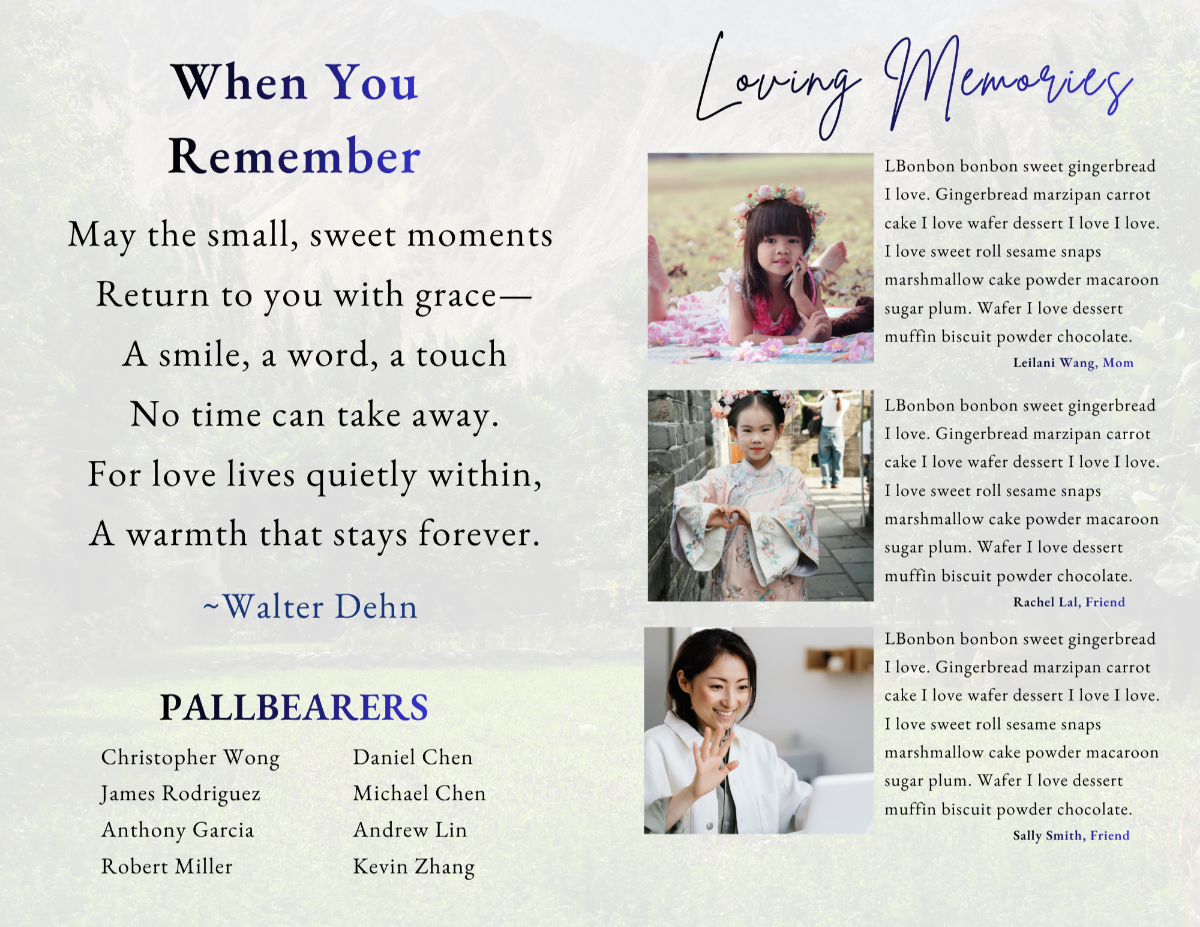 Pages featuring a reflective poem and family tributes, designed to honor a life of strength, warmth, and enduring love.